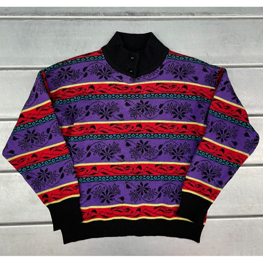Vintage Demetre Tahoe Sweater Womens Medium Multicolored Wool‎ Mock Neck Floral